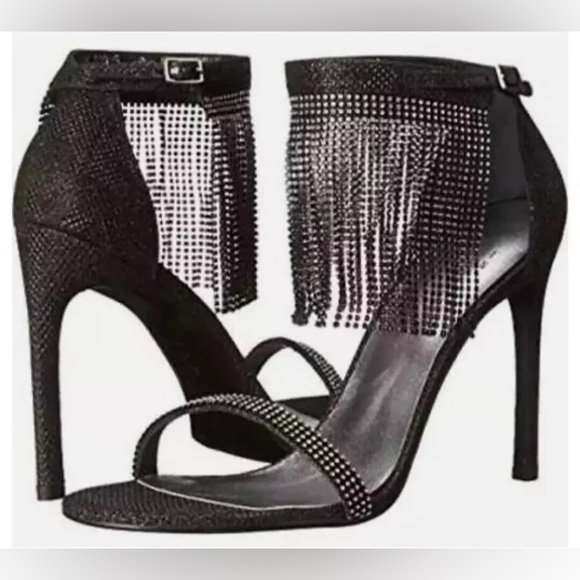 Stuart Weitzman Shoes - Stuart Weitzman Onfiresong Black Crystal Fringe Sandal Heels